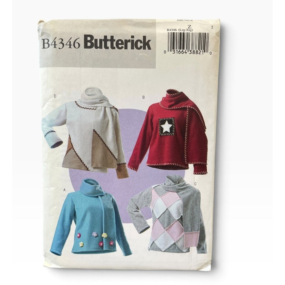 Butterick B4346 Sewing Pattern Misses LG-XL Multicolor Fleece Top Scarf Uncut